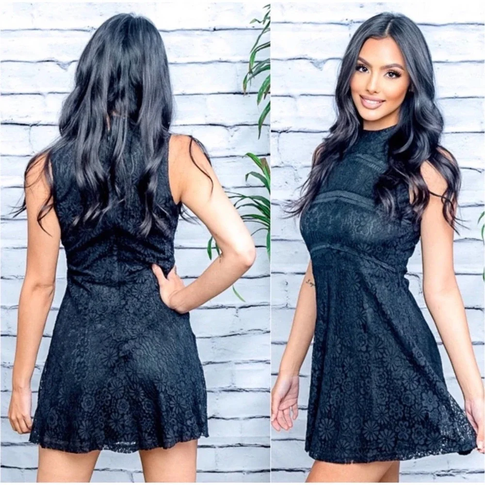 1 LEFT! Black Lace Mock Neck Elegant Women’s Summer Little Black Dress LBD - Picture 2 of 2